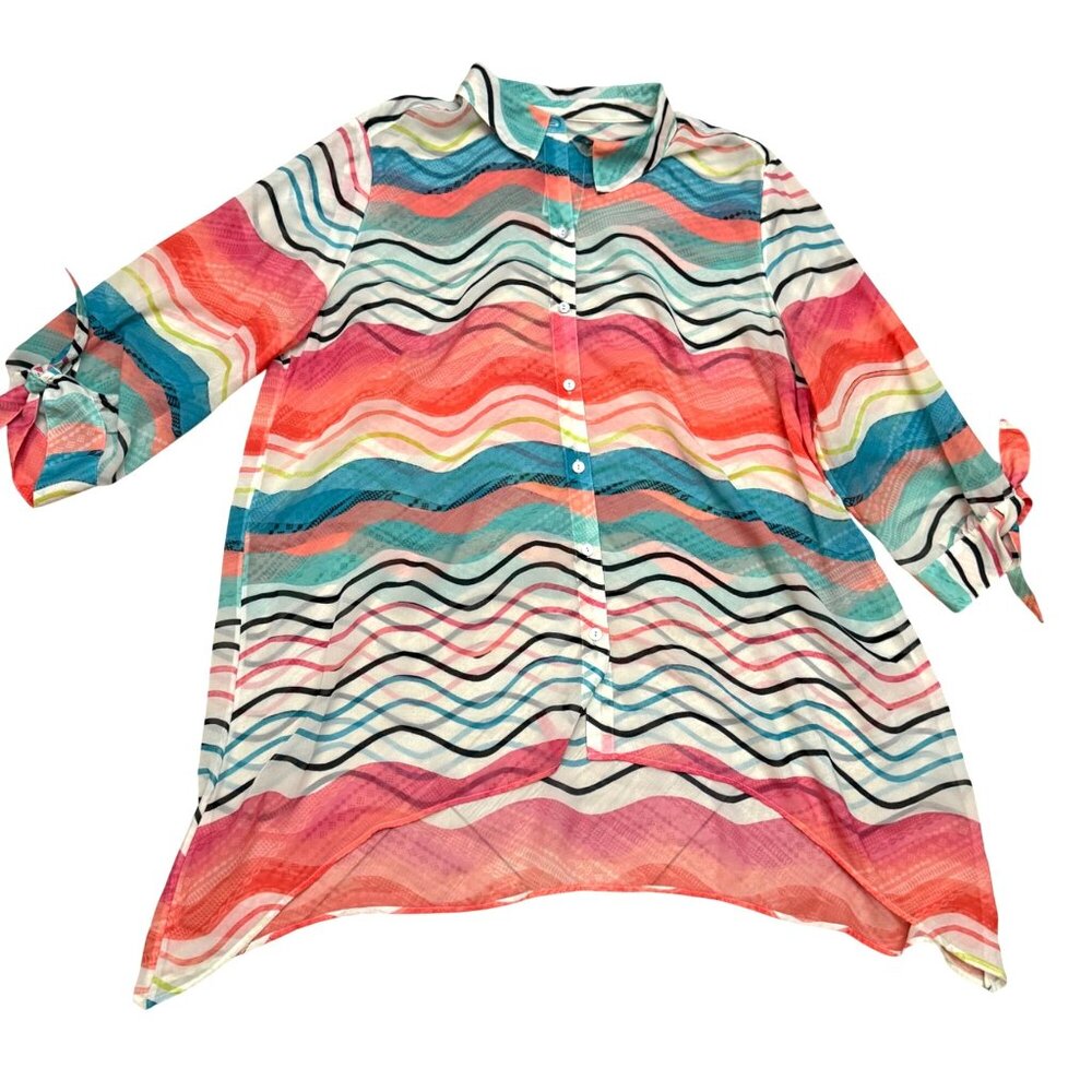 Chico's Women's Shirt Sz 2 /US L Wave Striped Button Down Tie Sleeve Lightweight